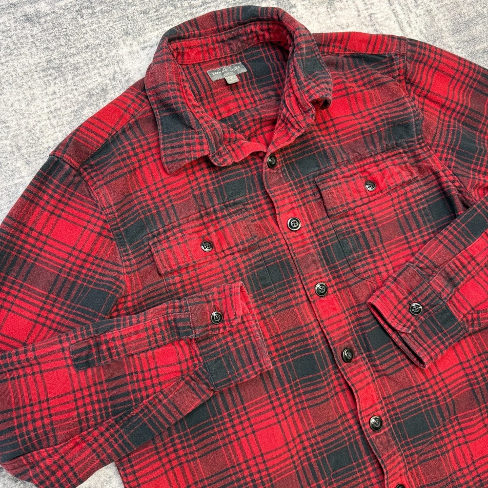 LL Bean Flannel Shirt Mens Large Slim Red Black Plaid‎ Signature Chamois Cloth